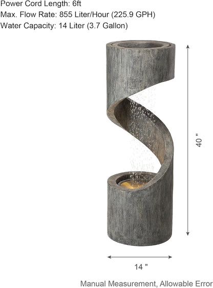 Glitzhome Tiered Outdoor Water Fountain with LED Light, Modern Spiral Outdoor Fountain with Stone Planter, Freestanding Curved Waterfall Fountains for Garden Patio Deck Porch, 40”H