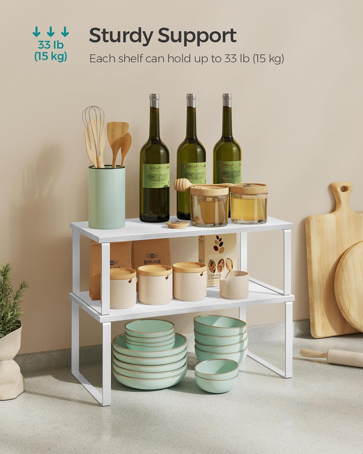 SONGMICS Cabinet Organizer Shelf, Set of 2 Kitchen Counter Shelves, Kitchen Storage, Spice Rack, Stackable, Expandable, Metal and Engineered Wood, Cloud White and Snow White UKCS025W01