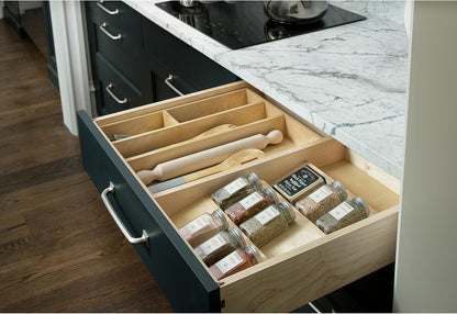 Rev-A-Shelf 16" 3 Tiered Seasoning Organizer, Trim-to-Fit Wooden Kitchen Draw and Cabinet Home Storage Insert, Pull Out Spice Rack, Maple, 4SDI-18
