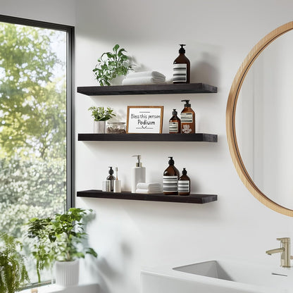 Floating Wall Shelves 3-Pack - 24-Inch Rustic Black Wooden Shelves for Storage and Décor, Easy Installation for Living Room, Bedroom, and Kitchen