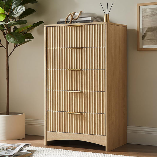 Pipishell Dresser for Bedroom, Fluted 5 Drawers Dresser, 40" Tall Modern Chest of Drawer with Round Edge & Pre-Installed Drawer Slides, Natural Wood Drawer Organizer for Bedroom, Hallway, Natural Oak