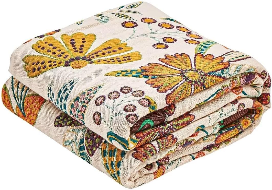 Boho Throw Blanket, 100% Cotton Ultra Soft Luxury Throw Rustic Quilt, 90"x98" Floral Printed Farmhouse Decor Bed Summer Blankets, All Season Rustic Reversible Bohemian Throw for Bed - White