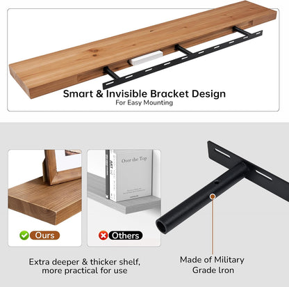 Floating Shelves for Wall, USA-Sourced Fir Wood 48 Inch Wall Shelves Set of 1, Natural Rustic Solid Wooden Floating Shelves Wall Mounted, Nursery Book Storage Shelf, Display Shelf for Bathroom