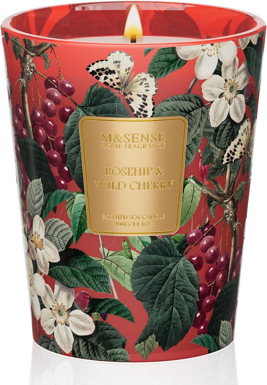 M&SENSE Wild Cherry Scented Candle, Natural Soy Wax Candles 14.1oz 60H Slow Burning Non Toxic