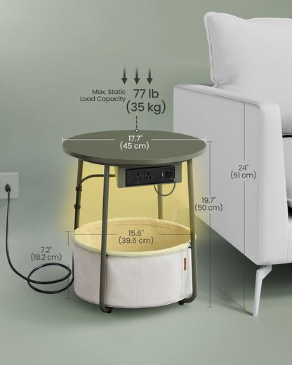 VASAGLE Side Table with Charging Station, Round End Table with Fabric Basket, LED Nightstand with Power Outlets, USB Ports, for Living Room, Bedroom, Modern, Forest Green and Cream White ULET227C01