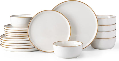 GBHOME Ceramic Dinnerware Sets for 6, 18 Pieces Stoneware Plates and Bowls Sets, Scratch Resistant Dishes, Dishwasher & Microwave Safe, Reactive Glaze-White