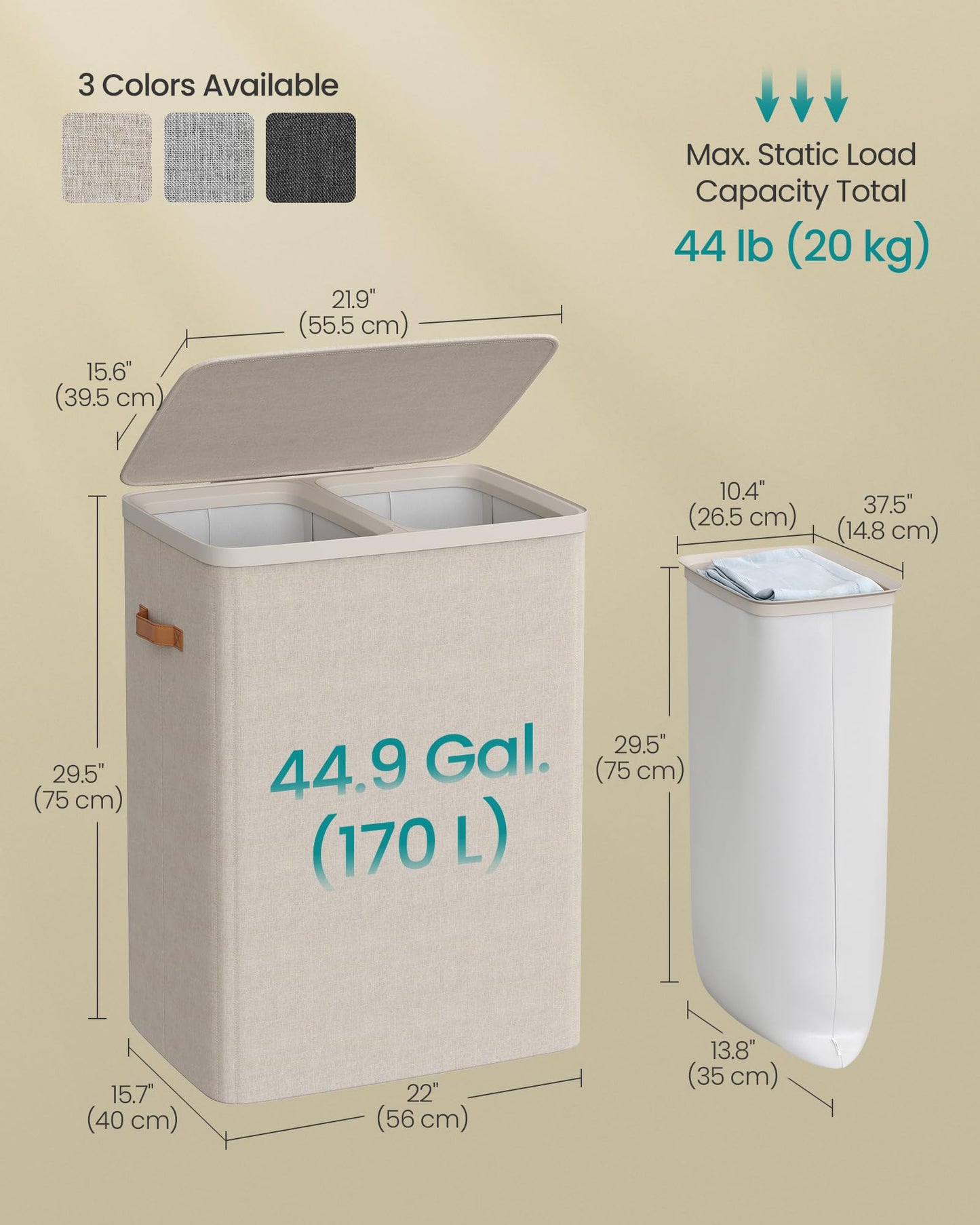 SONGMICS Laundry Basket, 44.9 Gal. Laundry Hamper, 2 Compartments, Easy Assembly, with Lid and