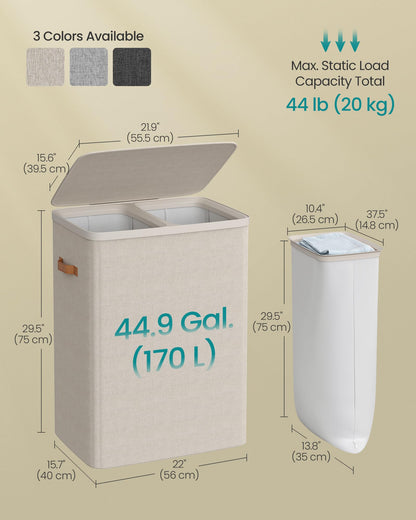 SONGMICS Laundry Basket, 44.9 Gal. Laundry Hamper, 2 Compartments, Easy Assembly, with Lid and