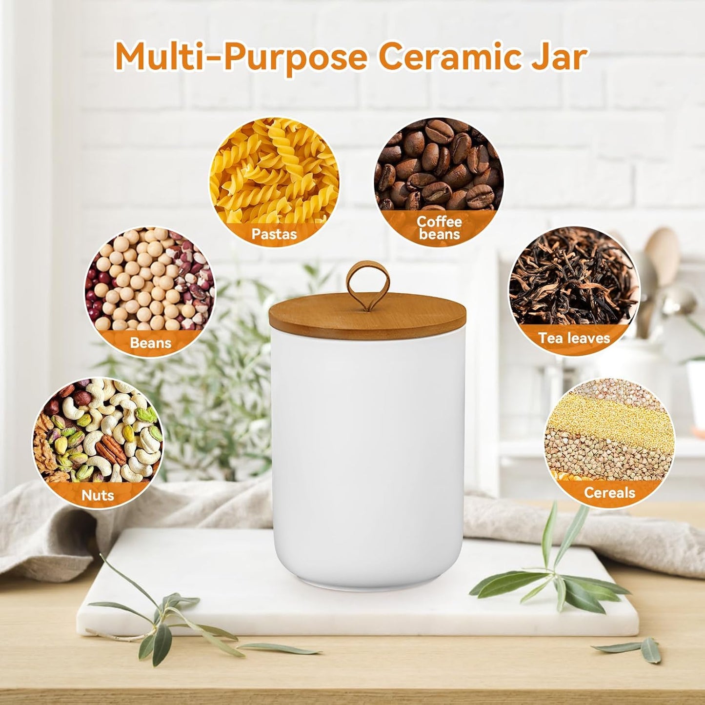 Canister Sets for Kitchen,Ceramic Kitchen Canisters for Countertop with Airtight Wood Lids for Serving Ground Coffee, Tea, Spice, Grains, Sugar, Salt (White Pack of 3 (8.7/27/44 Oz))