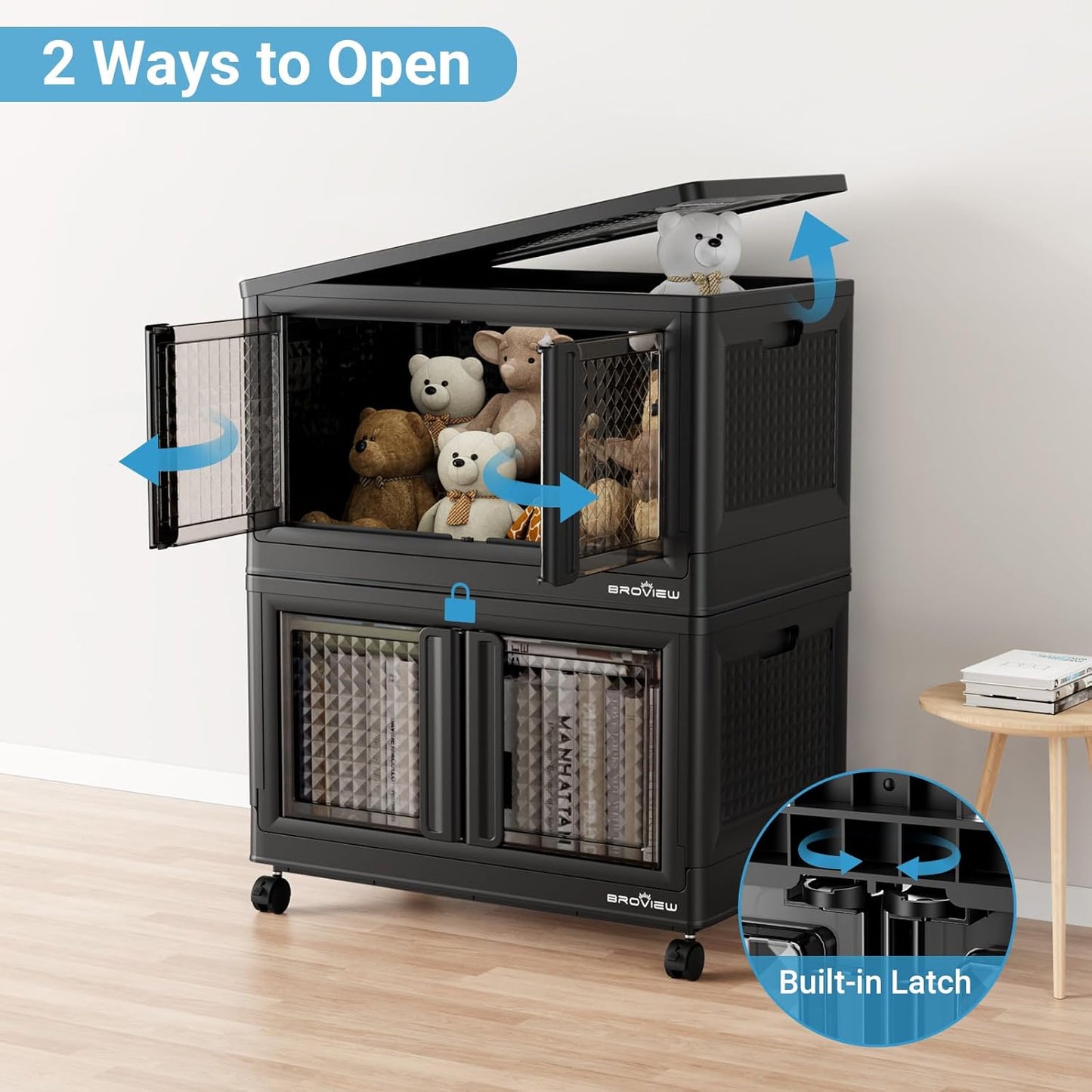 400Qt Stackable Storage Bins with Lids, 100Gal Closet Organizers and Storage Drawer, Plastic Collapsible Storage Bins with Doors, Heavy Duty Store Box Cabinet for Home Kitchen, 4Pack Black