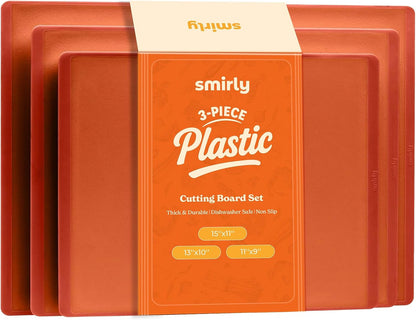 SMIRLY Plastic Cutting Board Set 3 Pieces, Non-Slip Dishwasher Safe Chopping Boards for Kitchen, Orange