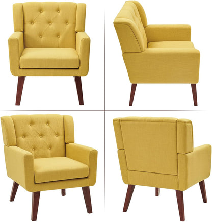 Accent Chair Button-Tufted Upholstered Living Room Chairs Comfy Reading Chair Mid Century Modern Chair with Linen Fabric Lounge Arm Chairs for Living Room Bedroom (Yellow)