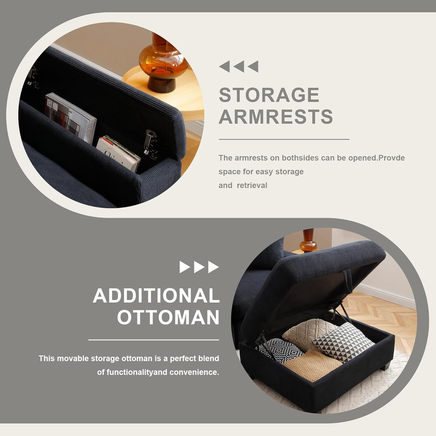 120.3" Modern L-Shaped Sectional Sofa with 360°Swivel Drop-Down Table, Storage Armrest, USB Ports & Movable Storage Ottoman – Plush Linen Cloud Couch for Lounge (Black)