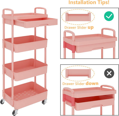 Calmootey 4-Tier Rolling Utility Cart with Drawer,Multifunctional Storage Organizer with Plastic Shelf & Metal Wheel,Storage Cart for Kitchen,Bathroom,Living Room,Office,Pink
