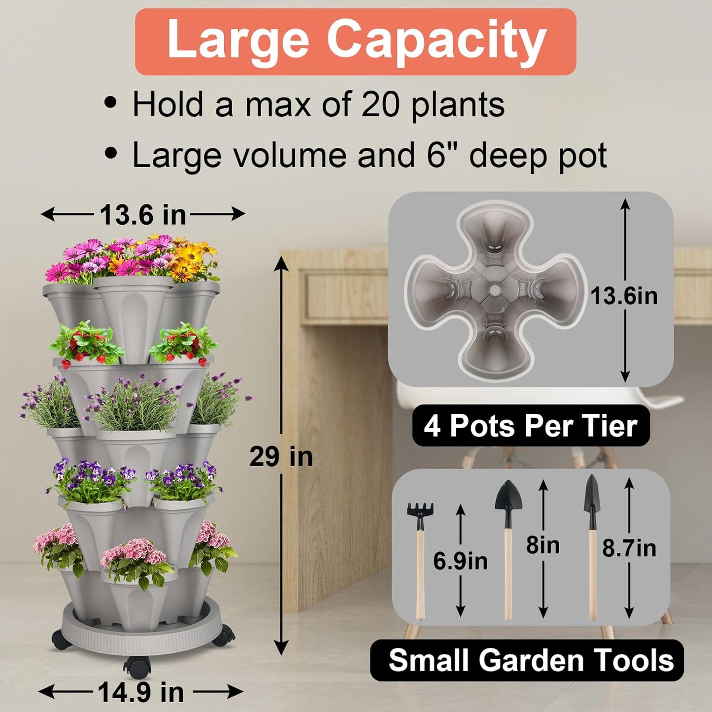 Vertical Planter 5 Tier Stackable Planters Garden Planters Strawberry Herb Flower and Vegetable Planter Indoor Outdoor Gardening Pots with Removable Wheels and Tools 2-Pack
