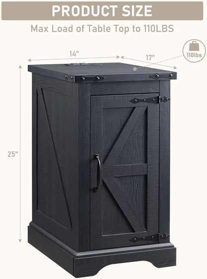 JXQTLINGMU Nightstand with Charging Station, Rectangular Farmhouse End Table with Barn Door and Adjustable Storage Shelf, 17" Deep Wood Rustic Sofa Side Table for Living Room, Bedroom, Black