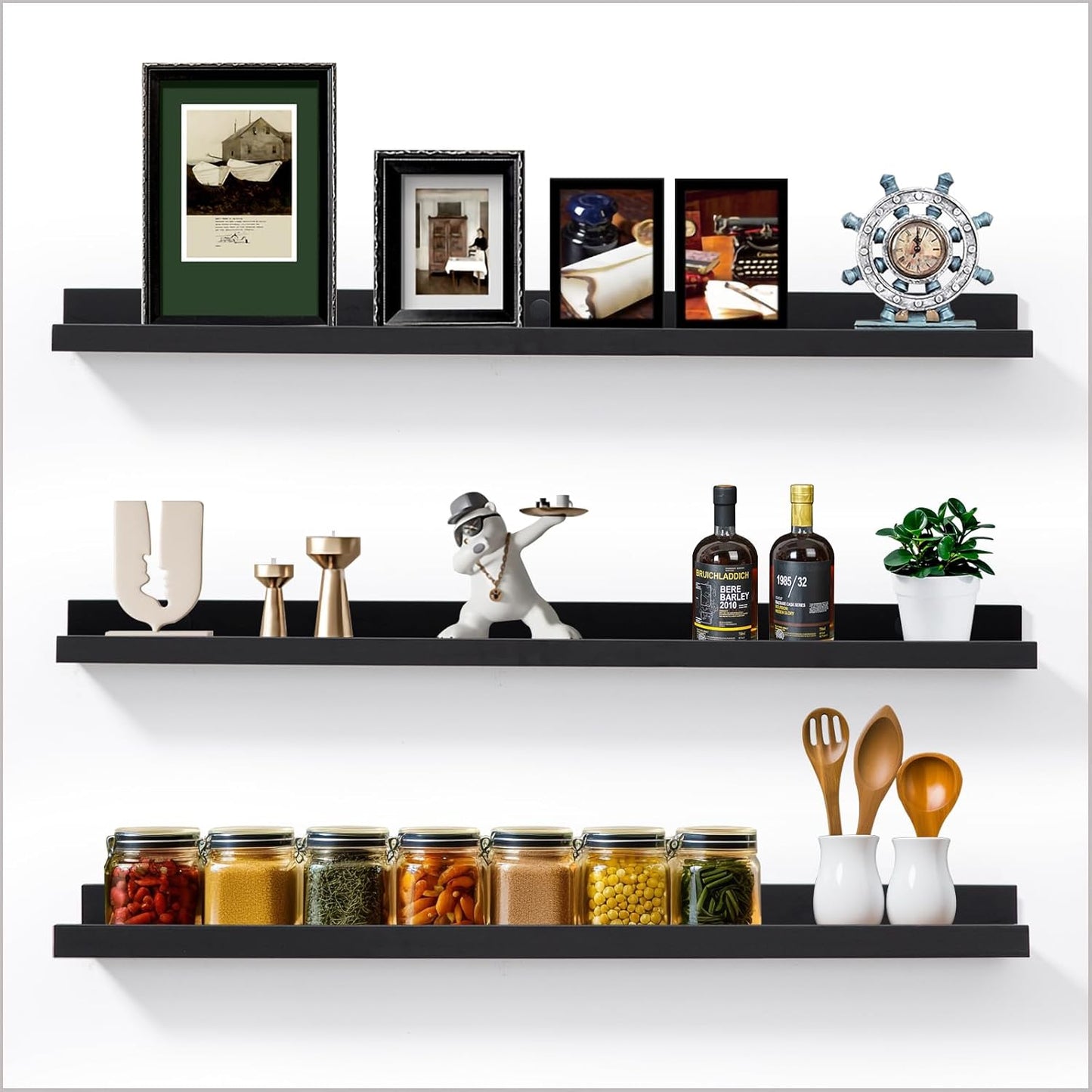 Long Floating Folding Shelves 48 Inch Wood Picture Ledge Shelf with Lip for Wall Black Storage Shelves for Kids Room Photo Shelves Wall Organizer Set of 3 for Bedroom Living Room Bathroom Kitchen