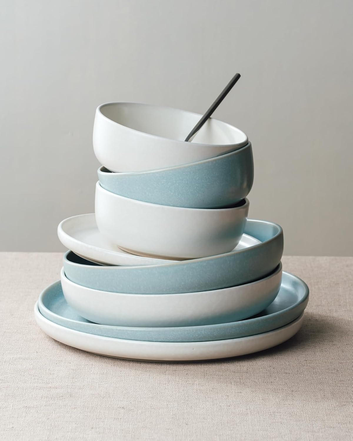 Famiware Milkyway Plates and Bowls Sets, 12 Pieces Dinnerware Sets, Reactive Glaze Dish Set, Stoneware Dishes Set for 4, Matte White & Light Blue