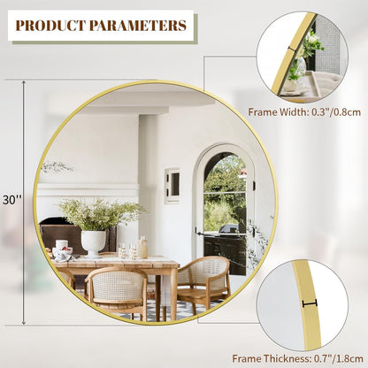 BEAUTYPEAK 30 Inch Round Mirror, Metal Frame Circle Mirror, Wall Mounted for Entryway, Bathroom, Vanity, Living Room, Gold