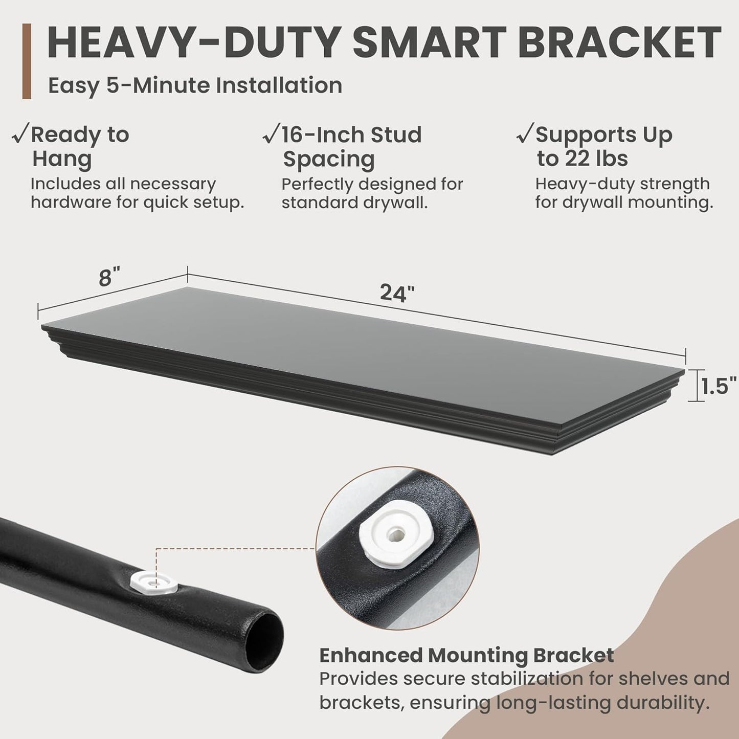 Floating Shelves for Wall, 24 Inch Long Wall Mounted Black Hanging Shelf for Kitchen, Living Room, Office, Bedroom, Bathroom, Retro Vintage Wood Bookshelf for House Decor