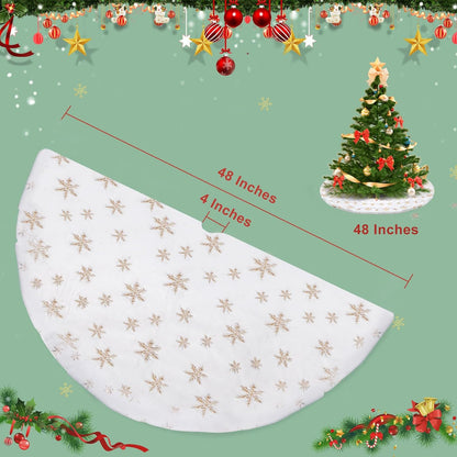 Christmas Tree Skirt, 48 Inch White Luxury Faux Fur & Gold Sequin Snowflakes, 4ft Xmas Tree Skirt for Holiday Tree Ornaments Christmas Party Home Decorations