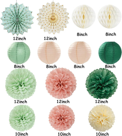 Sage-Green Pink-Beige Boho Party-Decorations Streamers - 14pcs Rustic Neutral Wedding Olive Paper Honeycomb Lanterns Fan,Birthday Baby Bridal Shower Engagement Decor Lasting Surprise