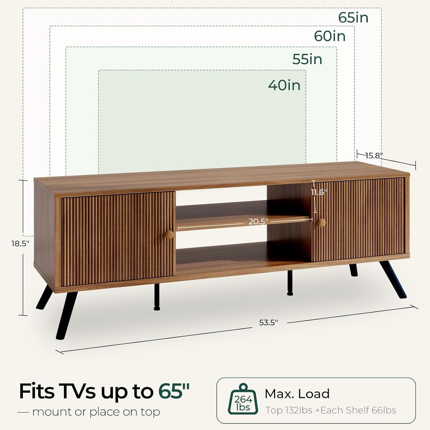COMHOMA TV Stand for Living Room, Mid Century Modern Entertainment Center for 55/60/65 Inch TVs, Retro Brown TV Console with Fluted Door Cabinets and Open Adjustable Shelve Storage for Bedroom