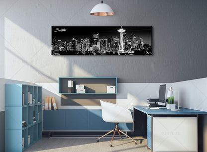 Seattle City Skyline Wall Art Black and White Canvas Prints Panorama Cityscape Picture Night View Painting Poster Modern Artwork Home Decor for Office Living Room - Ready to Hang 13.8" x 47.3"
