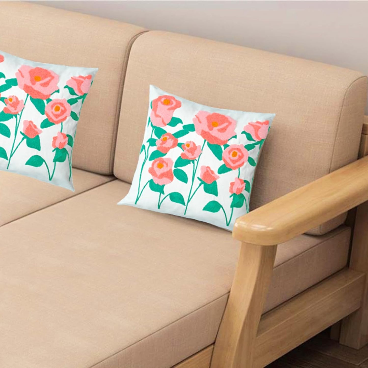 Embroidered Decorative Throw Pillow Cover, 18"x18" Set of 2, Farmhouse Pillowcase Pink Rose Knit Pattern Cotton Canvas Cushion Case Square Floral Pillow Case for Sofa Couch Bed Living Room…