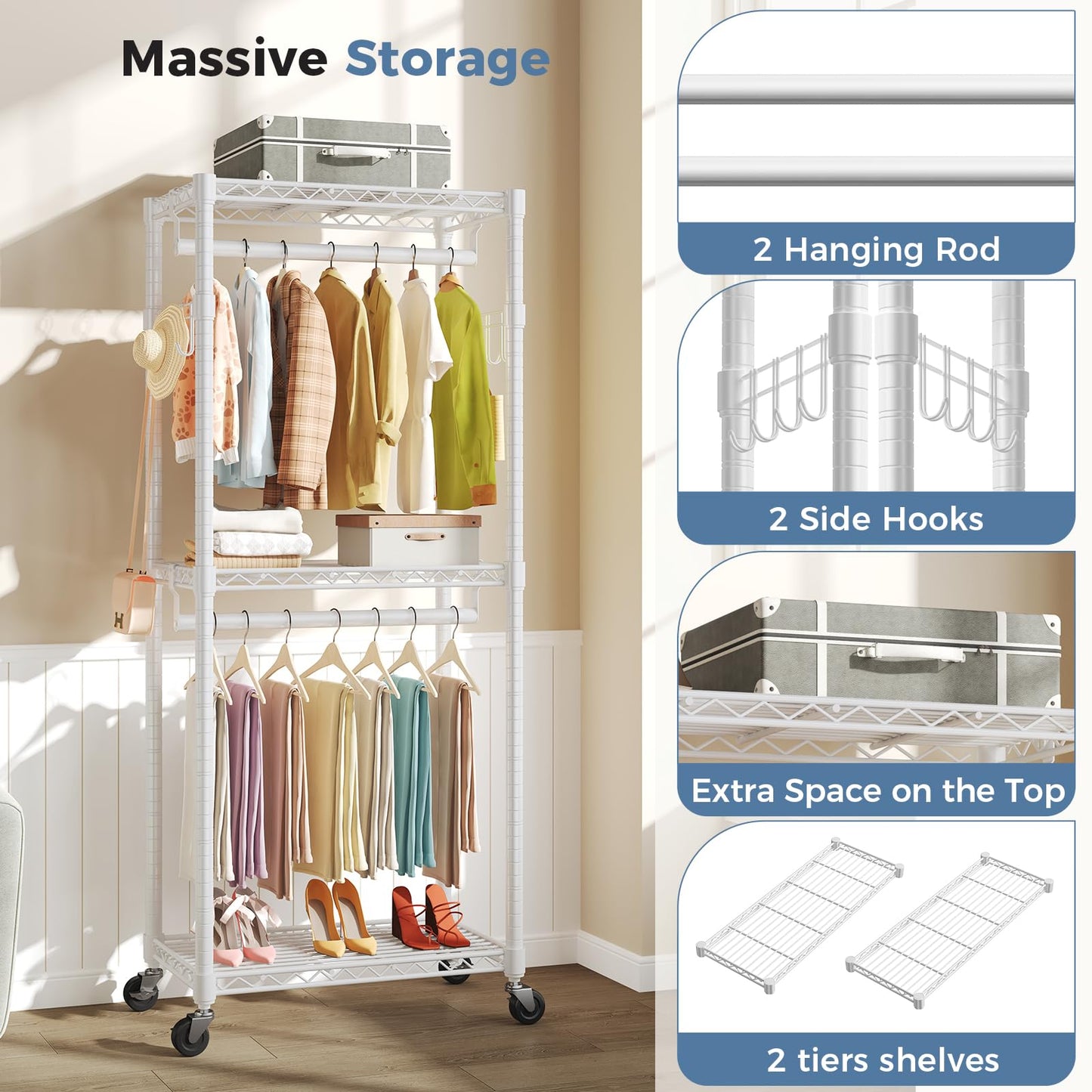 OLIXIS Clothes Rack Heavy Duty Adjustable Garment Clothing Rack with Wheels, Rolling Metal