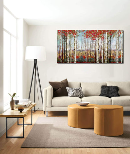 Canvas Wall Art for Living Room Bedroom Modern Wall Decor of Red Leaves White Birch Tree Forest Giclee Print Painting Artwork Wall Decoration 24x48 Large Size with Wood Framed Easy to Hang for Home