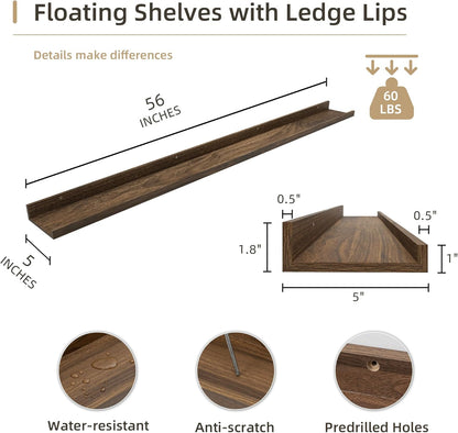 Picture Ledge Shelf, Wood Long Floating Shelves for Wall, Set of 2, 56 inch Picture Ledge Shelves, Photo Ledge Nursery Book Shelves Wall Mounted for Living Room Kids' Room Bedroom, Color Walnut