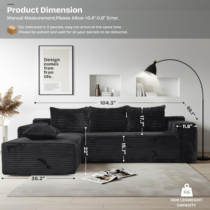 104" Modern Modular L-Shape Sofa Couch with Chaise Black Faux Rabbit Fur Cloud Sectional Couch with Deep Seat Modular Sectional Sofa No Assembly Required Upholstered Couches for Living Room Bedroom