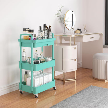 Calmootey 3-Tier Rolling Utility Cart with Drawer,Multifunctional Storage Organizer with Plastic Shelf & Metal Wheel,Storage Cart for Kitchen,Bathroom,Living Room,Office,Green