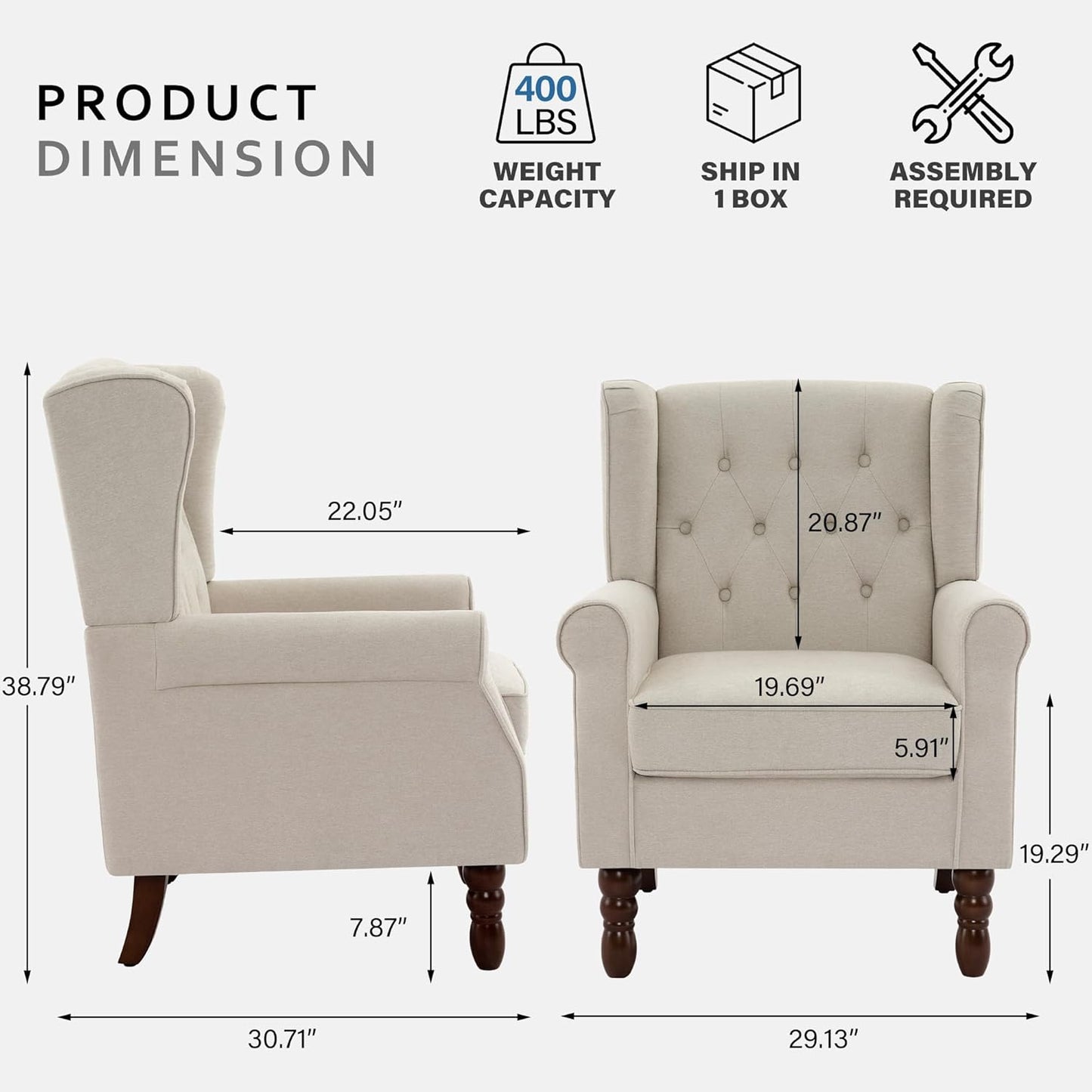Lumibee High Back Accent Chair Set of 2,Upholstered Wingback Armchair with Solid Wood Legs for Small Spaces,Comfy Single Sofa Chair for Living Room,Bedroom,Office-Beige