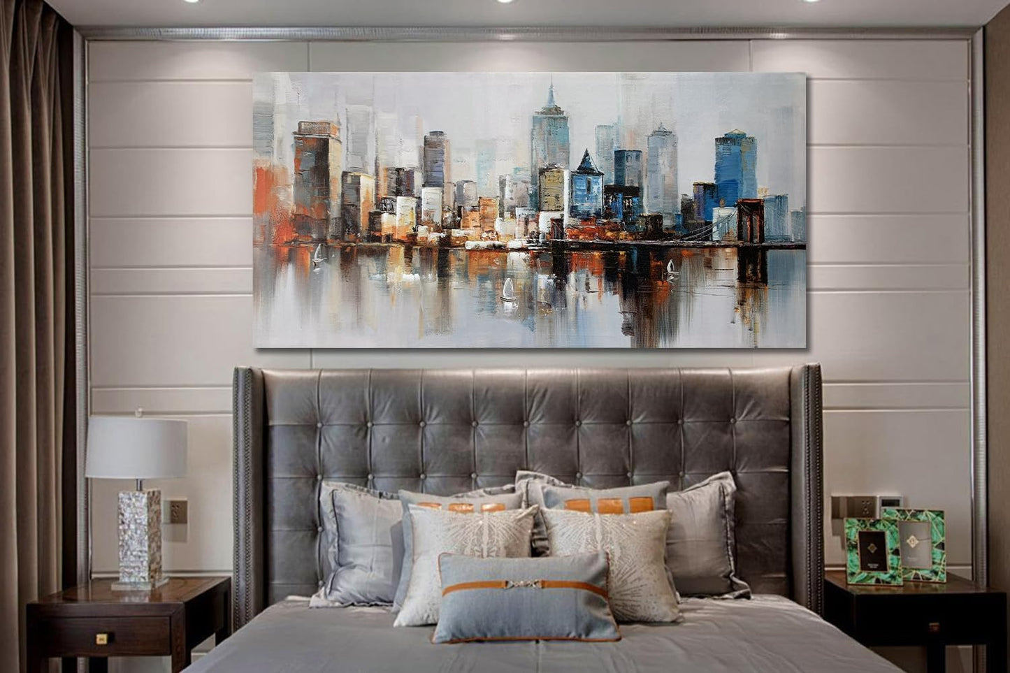 Arjun Brooklyn Bridge Wall Art Modern New York City Abstract Canvas Cityscape NY Painting Large Framed Colorful NYC Skyline Textured Picture for Living Room Bedroom Home Office Wall Decor, 48"x24"