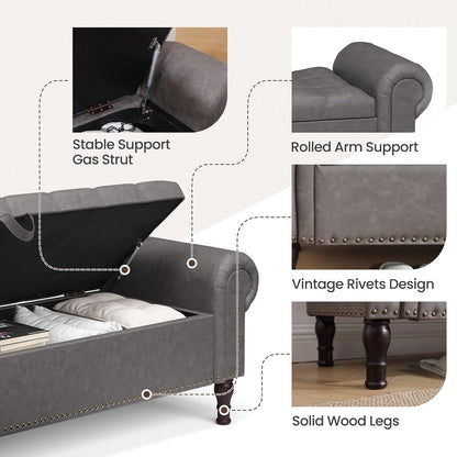 Storage Bench for Bedroom, 51" Full Queen Storage Bench, Upholstered Bedroom Bench with Rolled Arms and Vintage Rivets for Living Room, Storage Room, Entryway, Gray