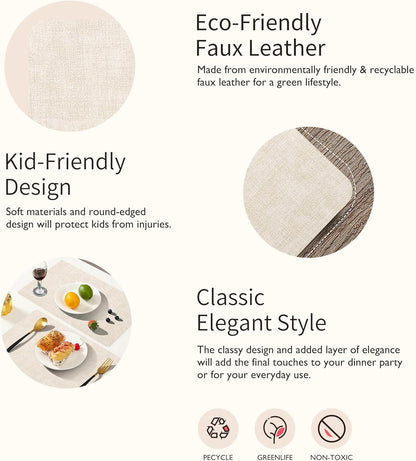 Maxpearl Faux Leather Placemats Set of 6 - Waterproof - Wipe Clean - Heat Resistant - Anti Slip Dining Table Place Mats, Suitable for Indoor & Outdoor Use, 17’’×12’’, Beige