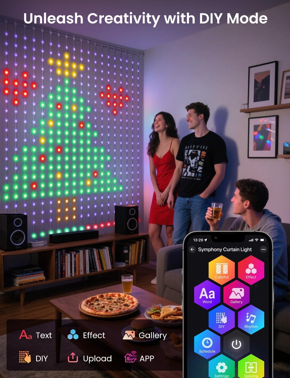 Smart LED Curtain Lights, RGB+IC Color Changing Holiday Wall Lights, 6.6x6.6ft 400 LEDs, Indoor Dynamic DIY String Lights, APP Remote Control, for Bedroom, Living Room, Window Decor, Party, Wedding