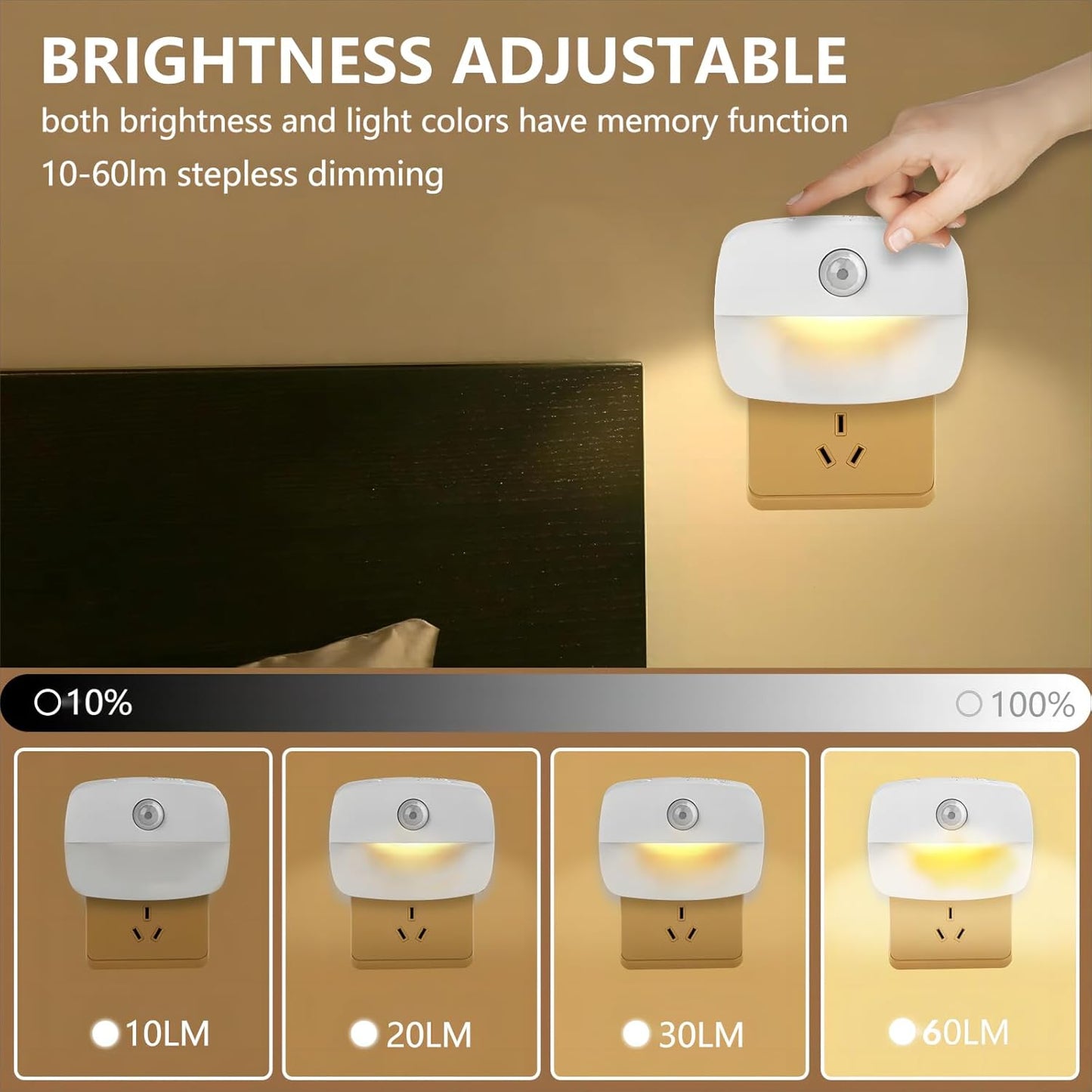 Sossi Motion Sensor Night Light Plug in 4 Pack,10-60Lm Stepless Dimming,3 Light Modes with Memory, Smart Night Lights Plug Into Wall Sensor,Dusk to Dawn Sensor for Bedroom,Toilet,Hallway,Kitchen