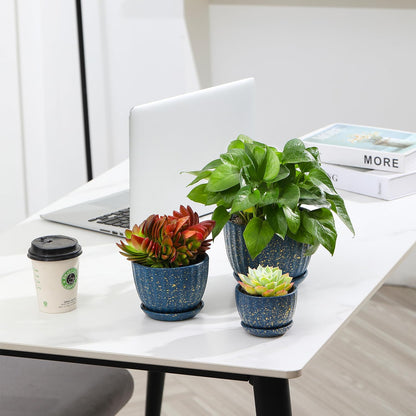 Ceramic Plant Pots with Drainage Holes and Saucers, Round Blue Flower Pots for Indoor Plant, Diameter 3.3/4.3/5.5 Inches Small Mini Flower Planters Set of 3