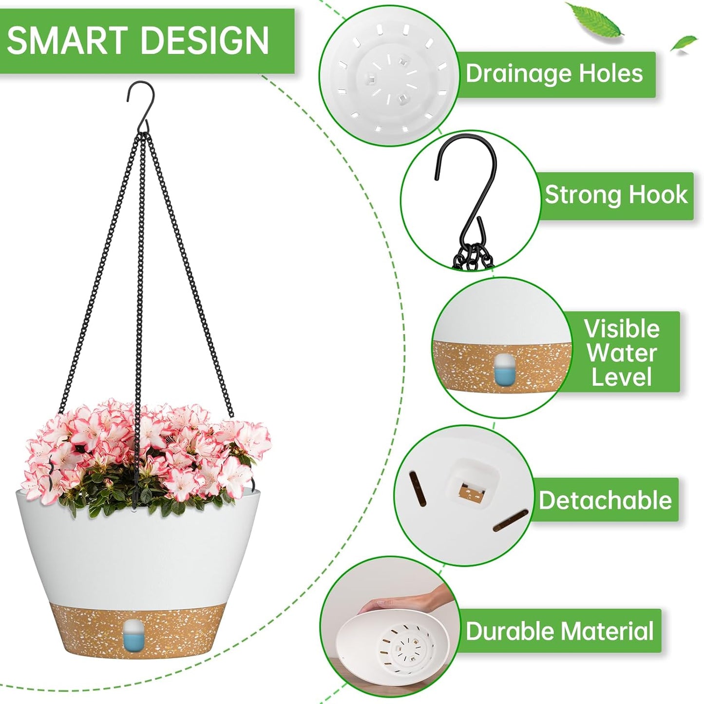 ZMTECH 8 Inch Hanging Planters for Indoor Plants, Hanging Baskets for Plants Outdoor with Visible Water Level, Hanging Flower Pots with Drainage Holes & Removable Tray(2 Pack, White)