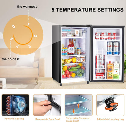 Atilioo Upgraded Mini Fridge with Freezer 3.2 Cu.Ft Compact Dorm Refrigerator Small Cooler for Bedroom Office, Single Door Adjustable Thermostat Low Noise, 17.5" D x 17.7" W x 31.5" H, Black