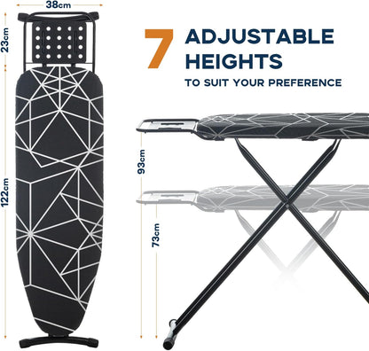 Ironing Board 43x13, Compact Iron Board Full Size with Heavy Duty Iron Rest, Thick Padded Cover, Adjustable Height, Sturdy Lightweight Steel Legs, Black