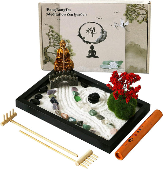 Mini Meditation Zen Garden Kit - Japanese Tabletop Rock Sand Chakra Buddha Garden Home Office Desk