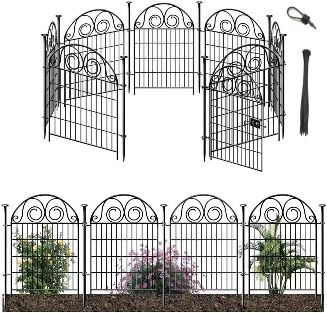 Tall Garden Animal Barrier Fence With Gate, 40 in(H)×27 in(L) 8 Panels Dog Digging Fences Barrier, Black Metal Temporary Fencing, Reusable Defense Fence For Outdoor Yard. Total 17.5 Ft│Patented