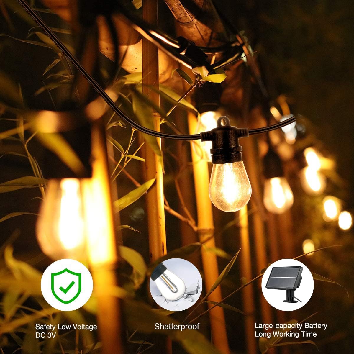 SUNTHIN 24ft Solar String Lights, USB Rechargeable Solar Outdoor Lights with Waterproof & Shatterproof LED Bulbs for Patio, Porch, Garden, Deck, Bistro, Cafe, Camping