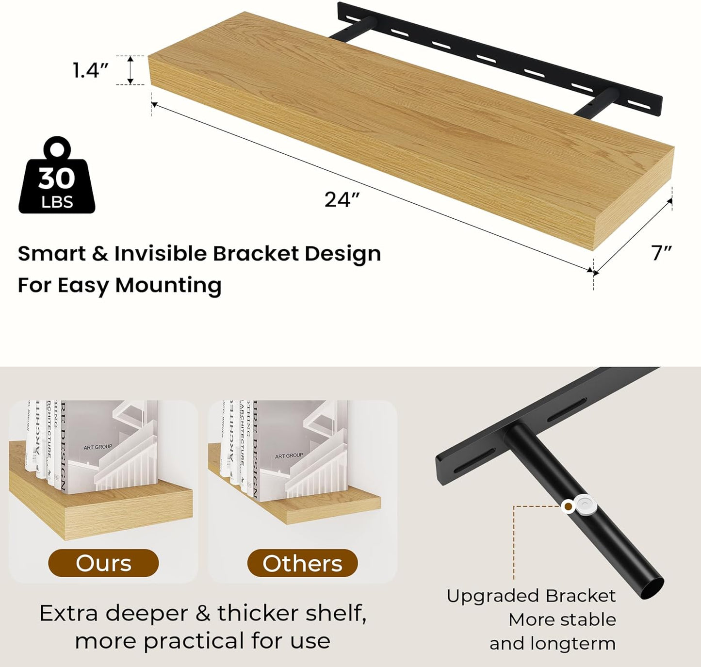 24 inch Floating Shelves Long Floating Shelves for Wall Large Wall Mounted Shelves with Invisible Brackets, Oak Shelves for Bathroom, Living Room, Kitchen, Office, 24x6.7 inch deep Set of 2