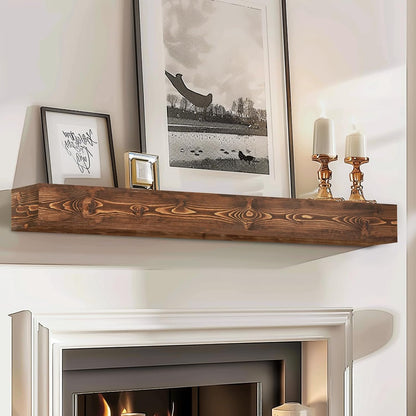 48x8x5 Fireplace Mantel - Handcrafted Hollow Rustic Solid Wood Wall Mounted Floating Shelf with Invisible Heavy Duty Wood Bracket (Weathered Brown)