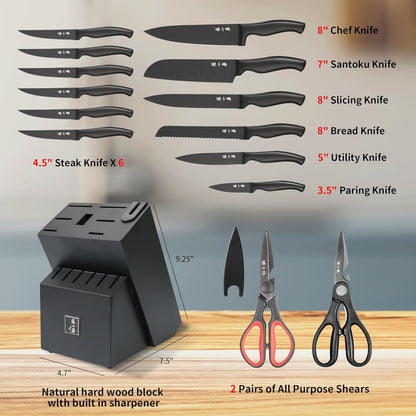 ZHANG XIAO QUAN SINCE 1628 15Pcs Knife Sets with Block, knife sets for kitchen with block High Carbon Stainless Steel Built-in Sharpener Dishwasher Safe(Black)